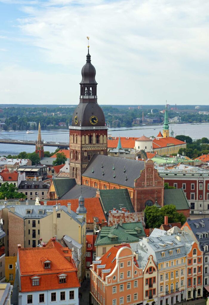 Aerial view of Riga Old Town buildings and the Daugava river.